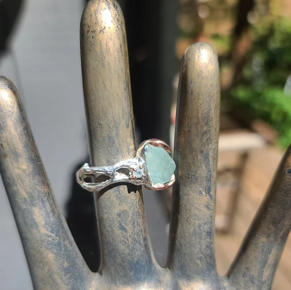 Aquamarine HUGE 9k raw nugget & Topaz Sterling ring sz8.5 - Picture 4 of 7